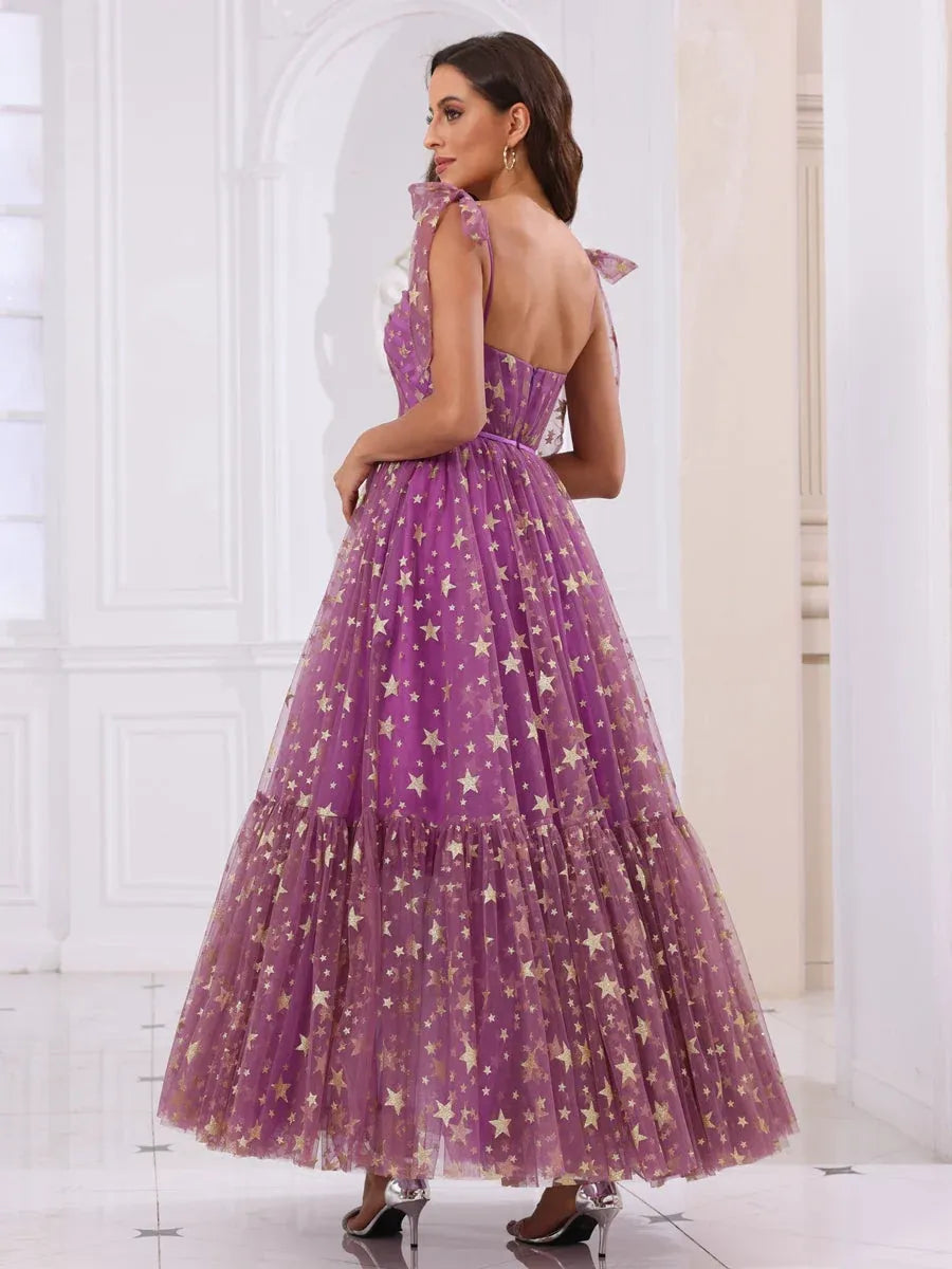 Dreamy A-Line Sweetheart Sleeveless Zipper-Back Star-Print Tea-Length Prom Dress