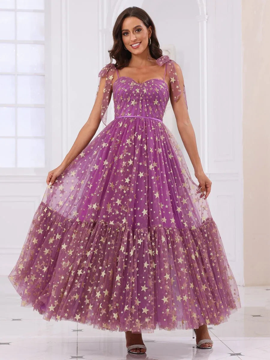 Dreamy A-Line Sweetheart Sleeveless Zipper-Back Star-Print Tea-Length Prom Dress