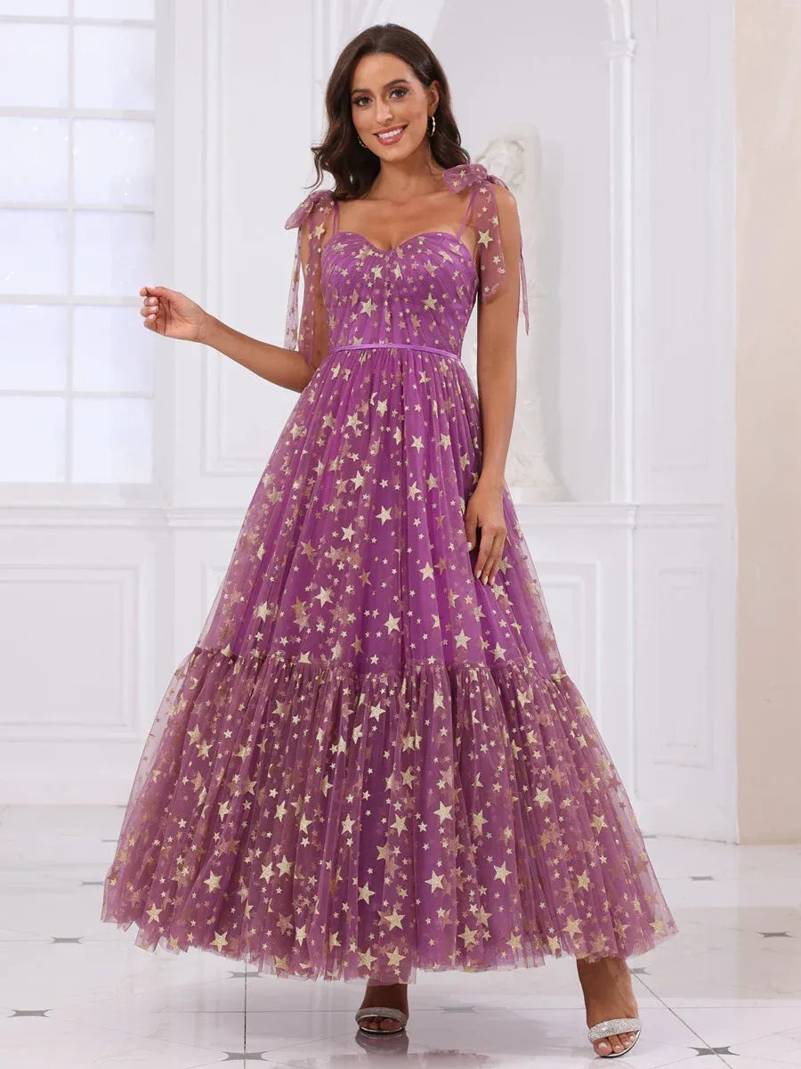 Dreamy A-Line Sweetheart Sleeveless Zipper-Back Star-Print Tea-Length Prom Dress