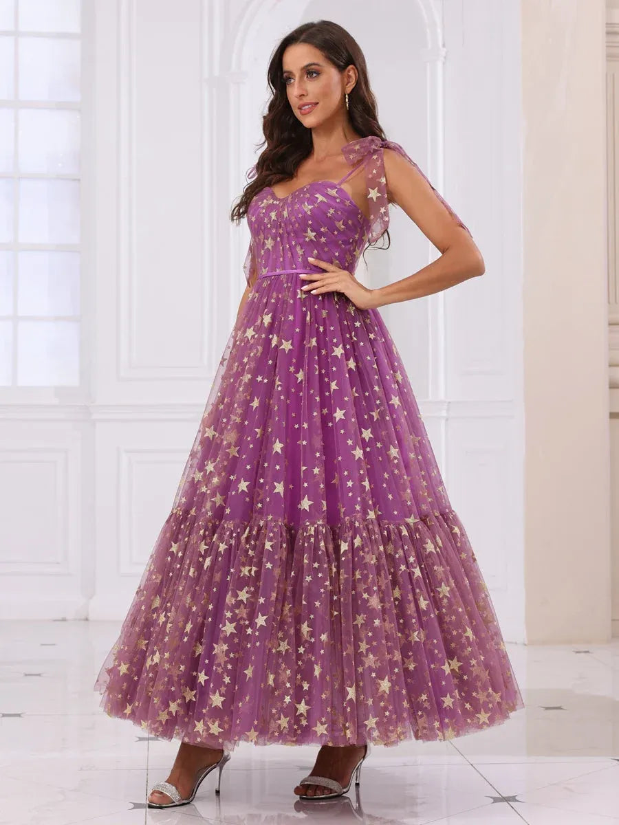 Dreamy A-Line Sweetheart Sleeveless Zipper-Back Star-Print Tea-Length Prom Dress
