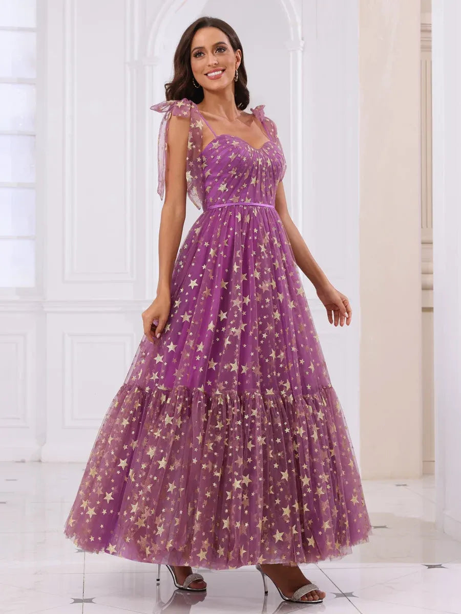 Dreamy A-Line Sweetheart Sleeveless Zipper-Back Star-Print Tea-Length Prom Dress