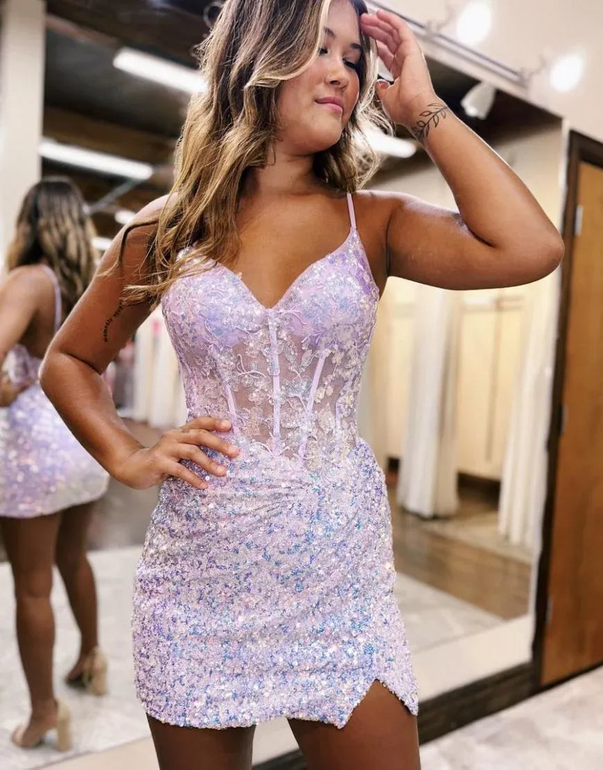 Sparkly Sequin Bodycon V-Neck Spaghetti Strap Zip Back Mini Homecoming Dress