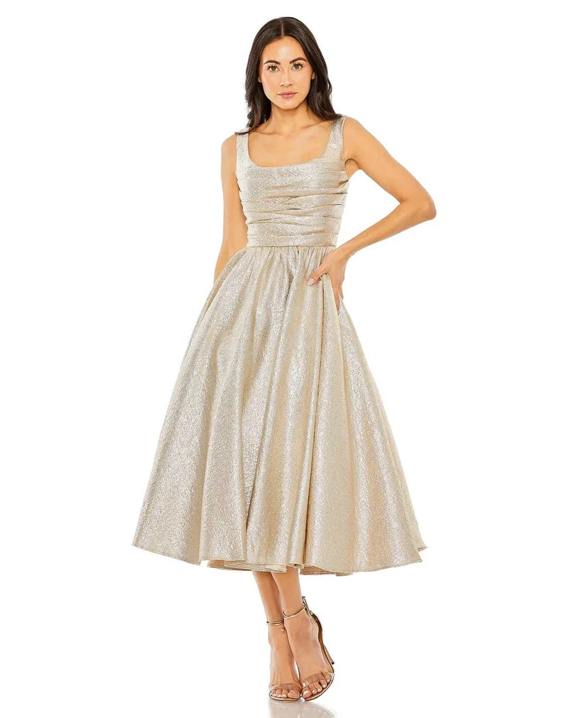 Loverlm oyster gold square-neck sleeveless tea-length A-line wedding guest dress