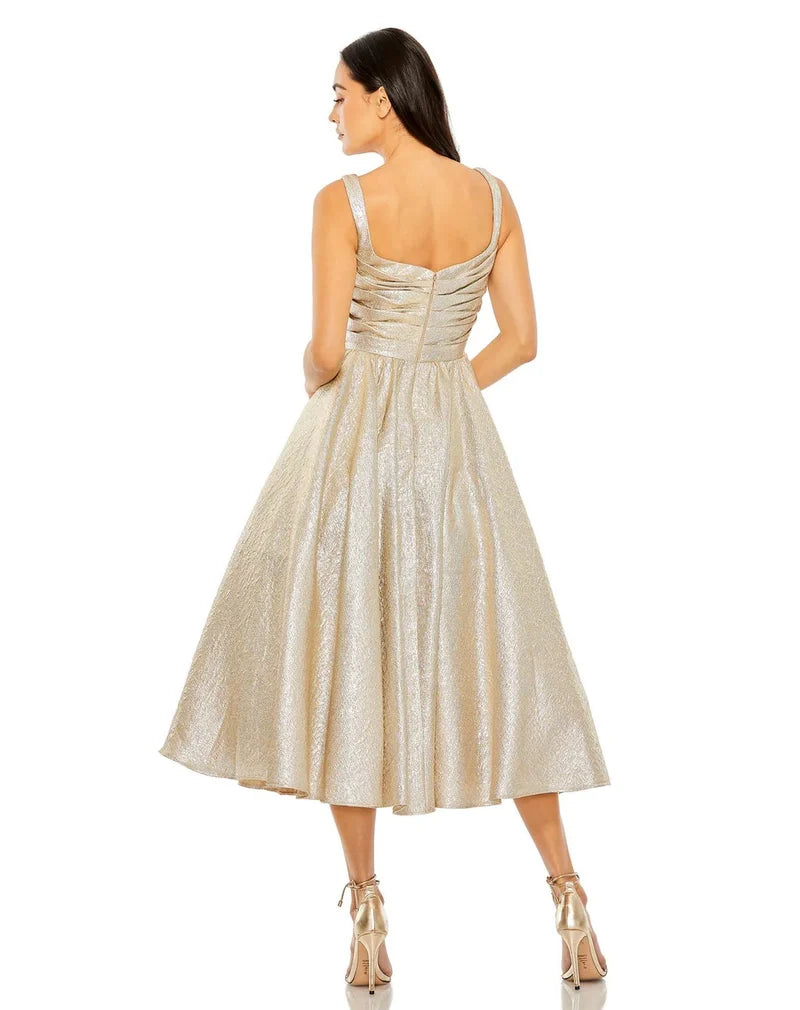 Elegant A-Line Square-Neck Sleeveless Scoop-Back Tea-Length Wedding Guest Dress