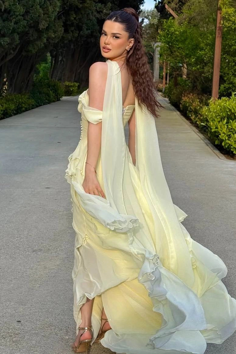 Romantic Pale Yellow Chiffon A-Line Off-Shoulder Cape Back Ruffle Evening Dress