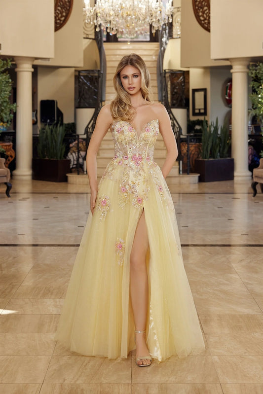 Loverlm pale yellow prom dress with plunging V-neck sheer floral embellished corset bodice high slit and tulle A-line skirt