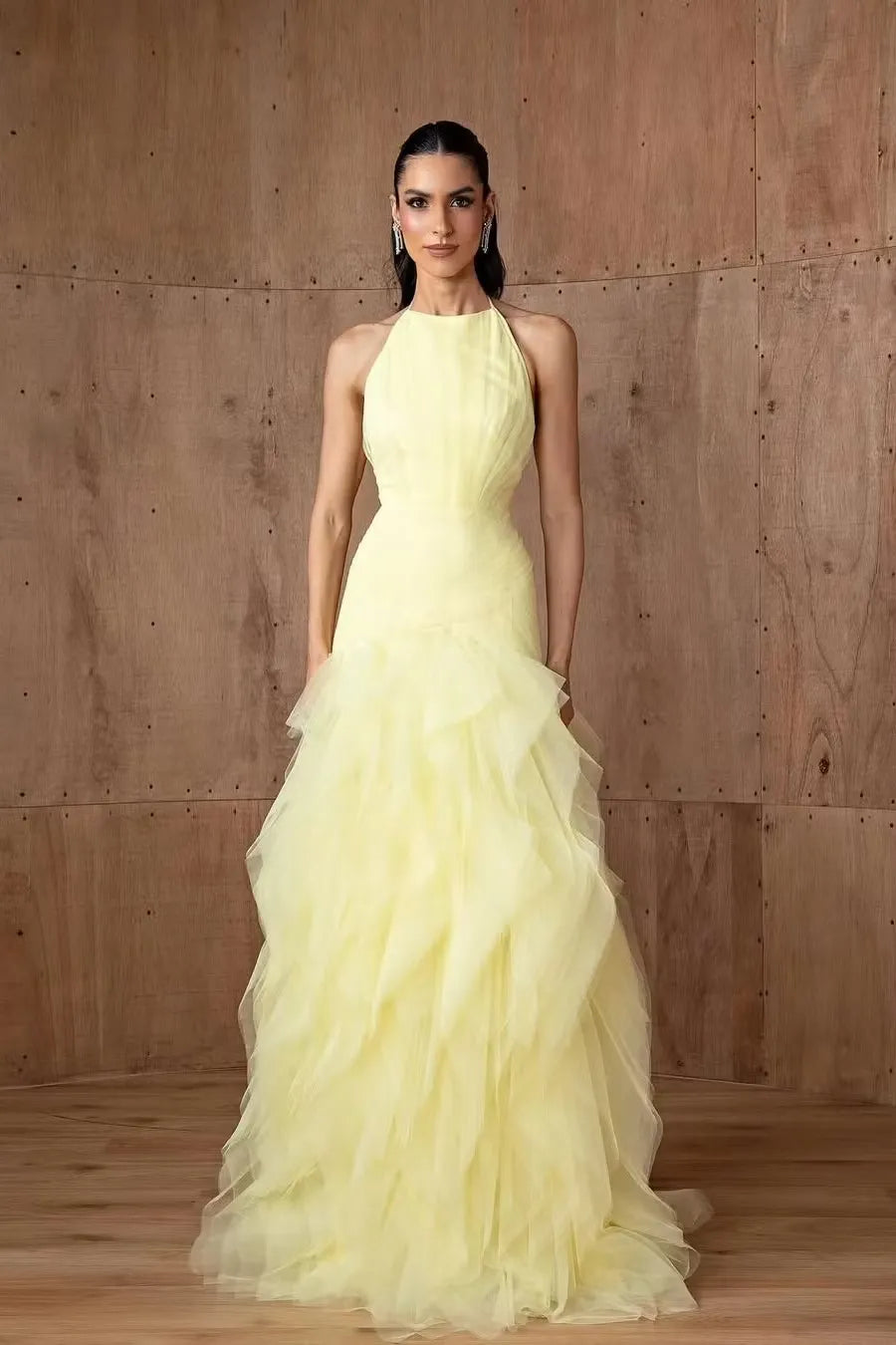 Loverlm pale yellow halter prom dress with fitted waist and layered tulle ruffle floor-length skirt