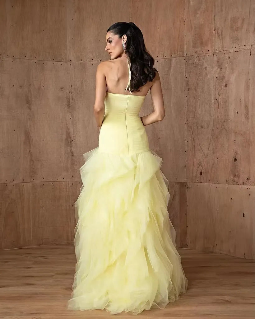 Ethereal A-Line Halter Sleeveless Low-Back Ruffle Floor-Length Prom Dress