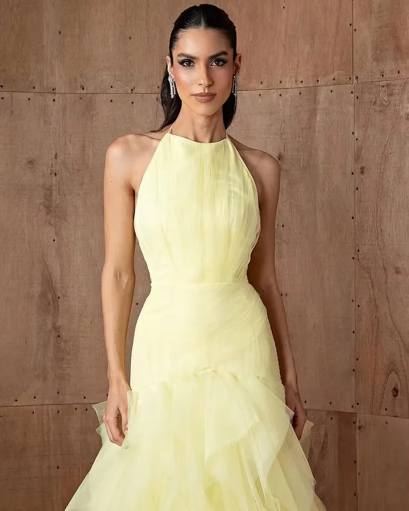 Ethereal A-Line Halter Sleeveless Low-Back Ruffle Floor-Length Prom Dress