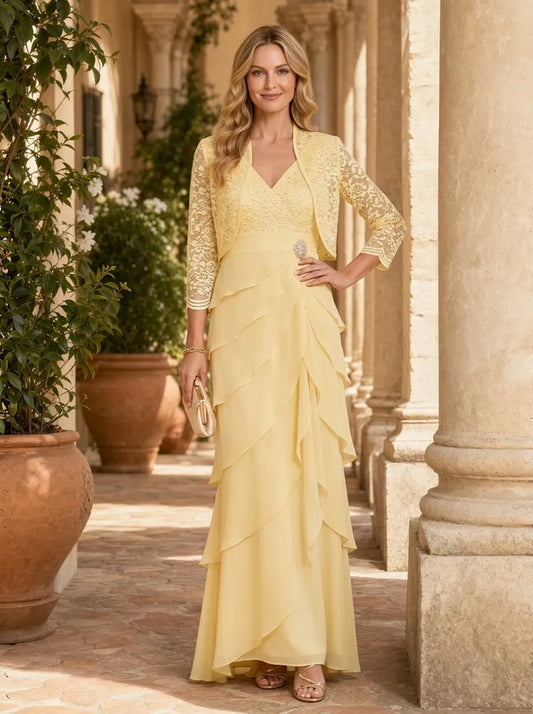 Loverlm pale yellow Mother of the Bride dress with V-neck lace bolero embellished waist and layered floor-length chiffon skirt