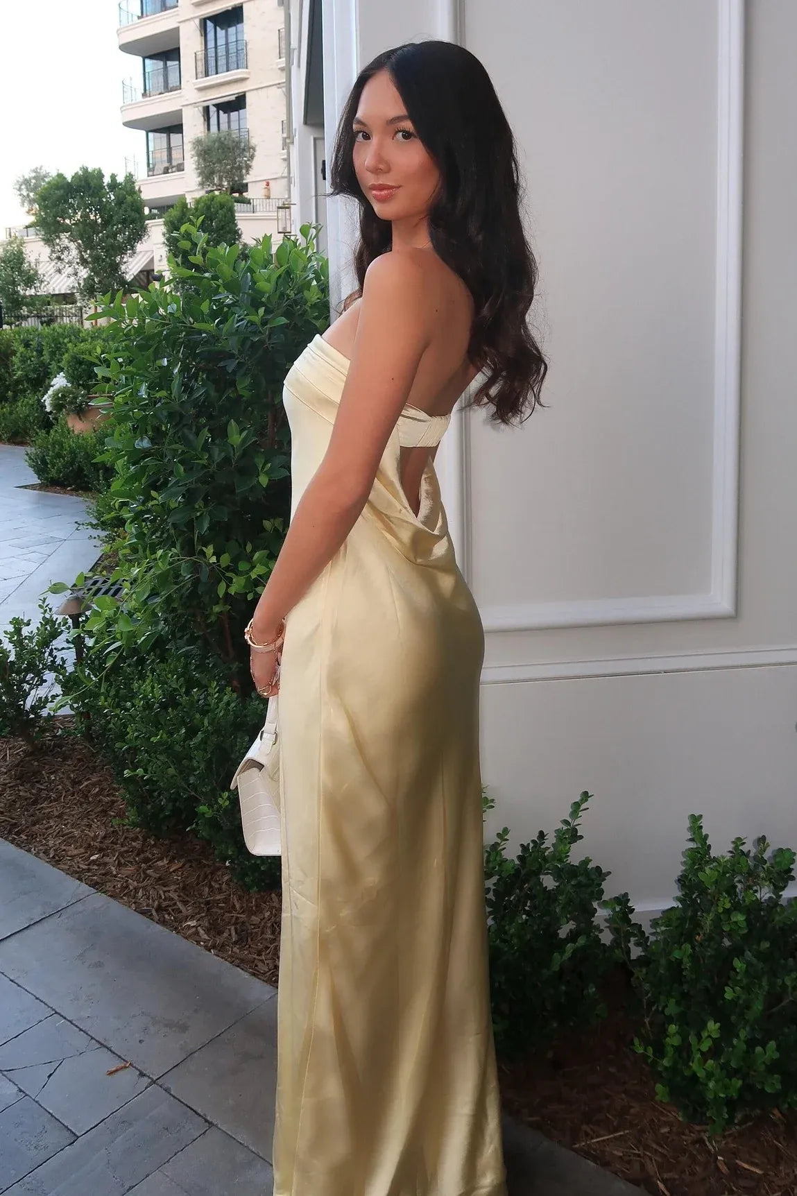 Elegant Satin Sheath Bandeau Strapless Open Back Maxi Wedding Guest Dress
