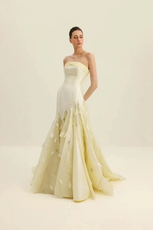 Loverlm pale yellow strapless prom dress with structured bodice appliqué tulle mermaid skirt and elegant floor-length flared hem