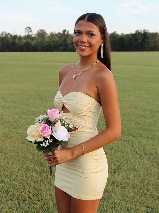 Loverlm pale yellow strapless mini homecoming dress with sweetheart neckline, twisted ruched bodice, front keyhole cutout and fitted skirt
