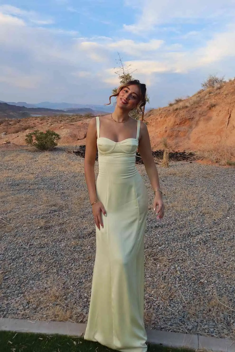 Loverlm pale yellow satin prom dress with sweetheart neckline wide straps fitted bodice and elegant floor-length silhouette