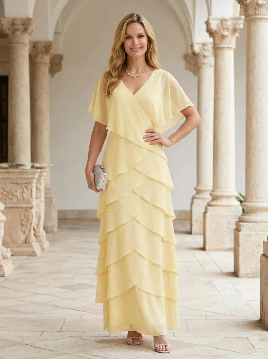 Loverlm pale yellow mother of the bride dress with V-neck flutter sleeves layered ruffle bodice and floor-length A-line skirt
