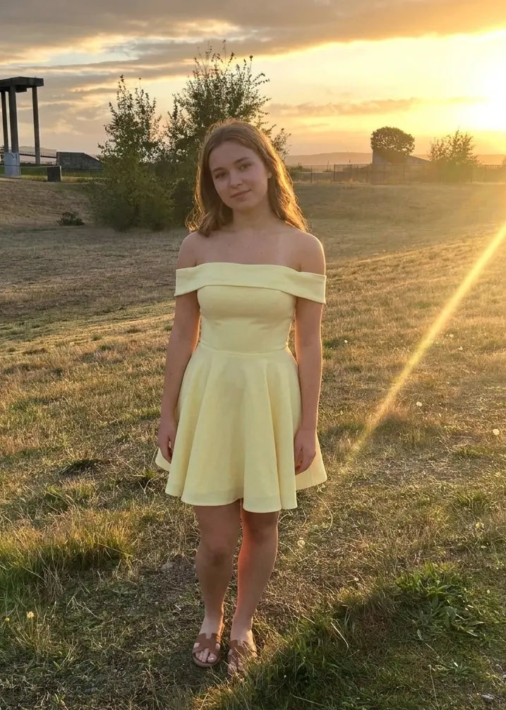 Loverlm pastel yellow off-shoulder A-line mini homecoming dress