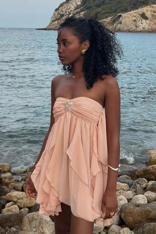 Loverlm peach pink chiffon mini homecoming dress with sweetheart halter neckline, silver starfish accent and layered ruffle skirt