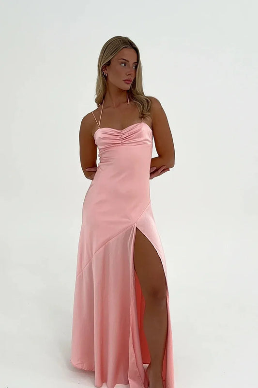 Front view of Loverlm peach pink satin prom dress with a ruched sweetheart bust, delicate straps and a thigh-high front slit.