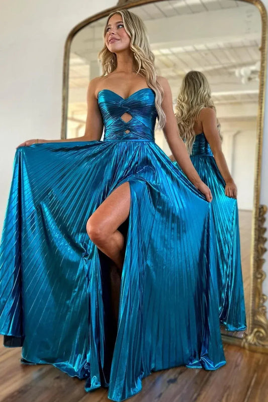Loverlm peacock blue metallic A-line prom dress with sweetheart neckline and high slit