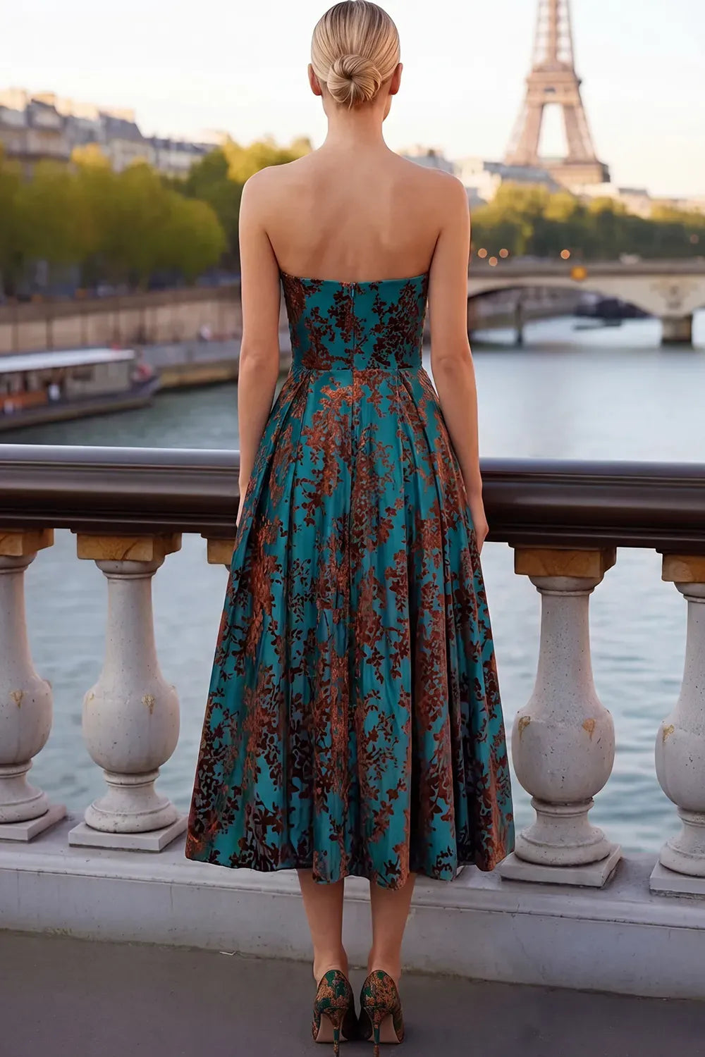 Elegant A-Line Strapless Zip Back Floral Midi Wedding Guest Dress