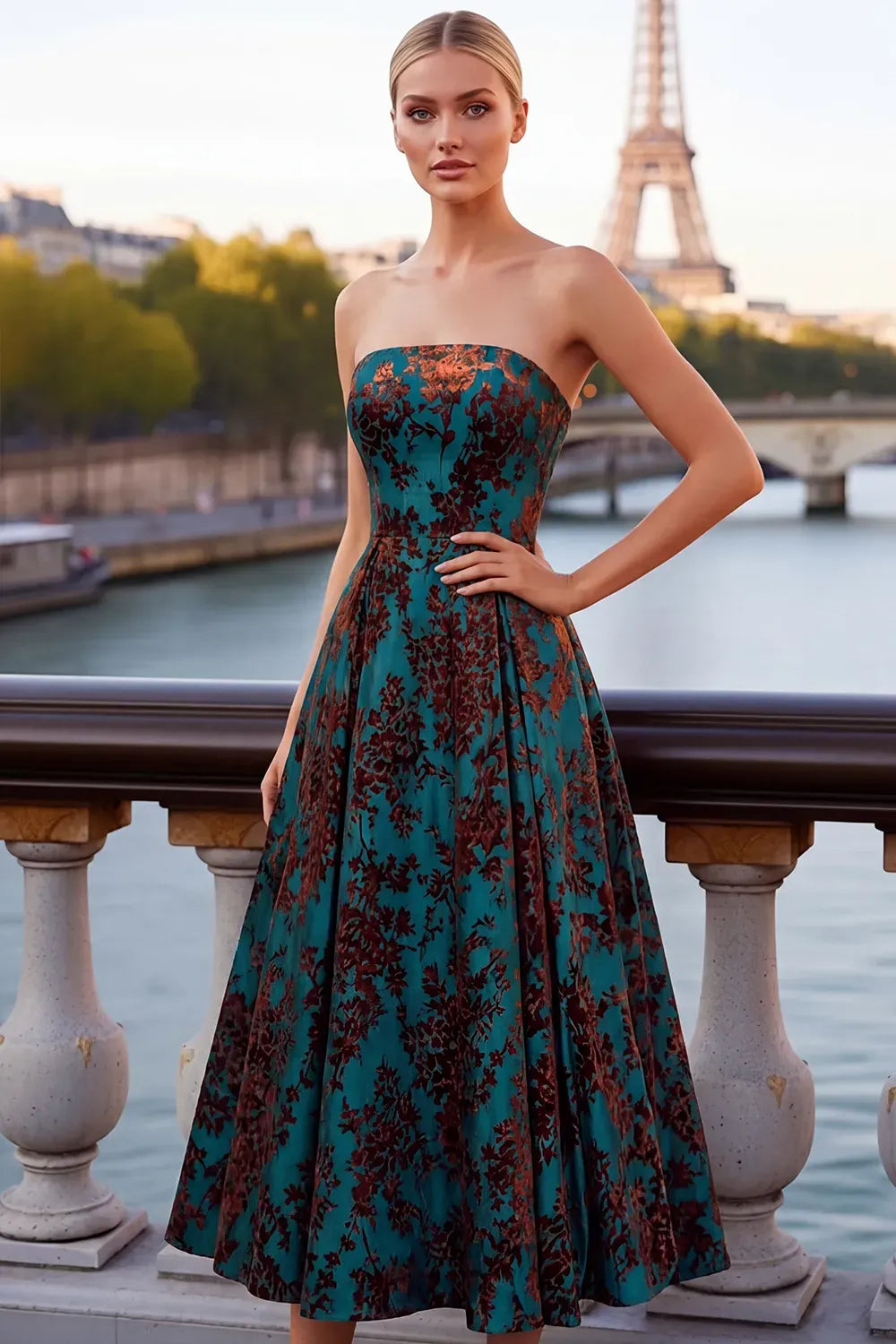 Elegant A-Line Strapless Zip Back Floral Midi Wedding Guest Dress