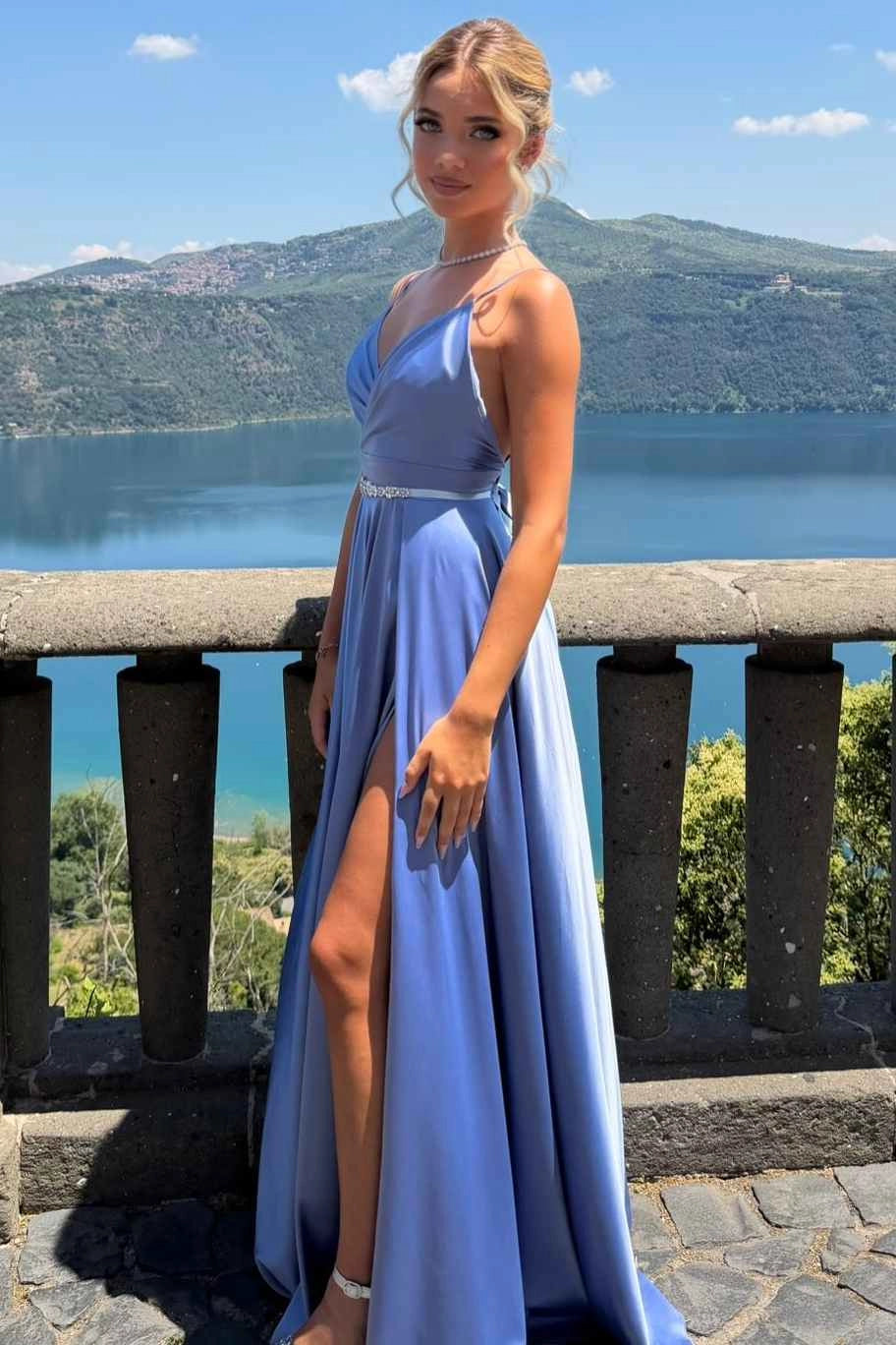 Loverlm periwinkle blue satin A-line prom dress with a V-neckline, spaghetti straps, embellished waistband, and high leg slit.