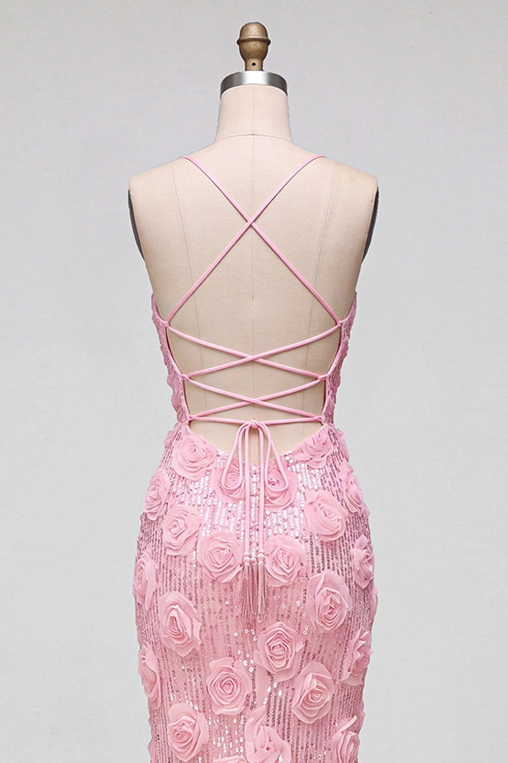Romantic Mermaid V Neck Spaghetti Straps Lace Up Back High Slit Floor Length Prom Dress