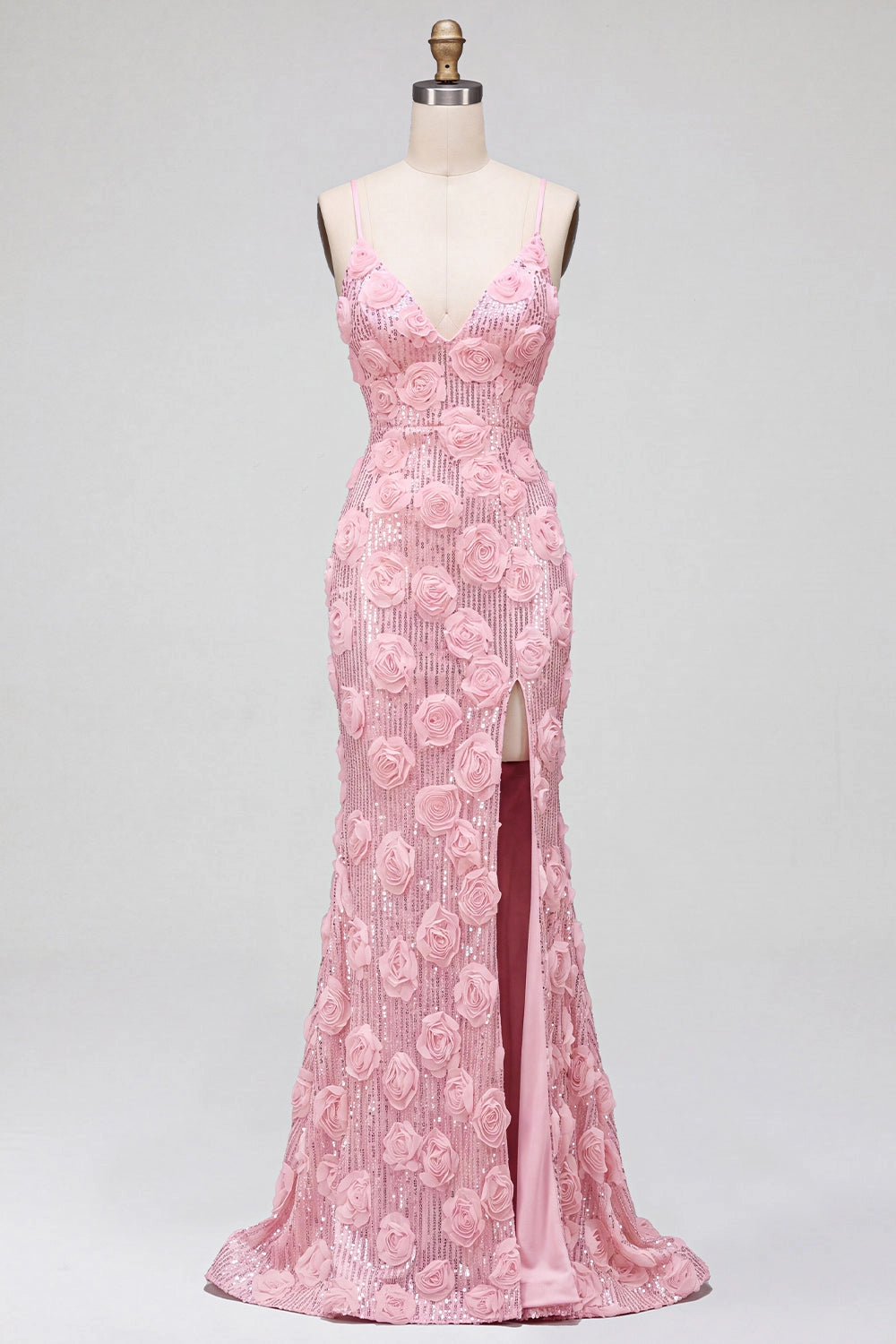 Romantic Mermaid V Neck Spaghetti Straps Lace Up Back High Slit Floor Length Prom Dress