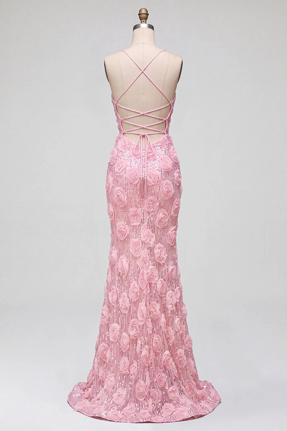 Romantic Mermaid V Neck Spaghetti Straps Lace Up Back High Slit Floor Length Prom Dress