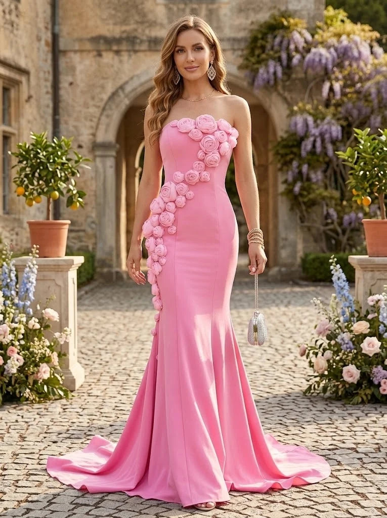 Romantic Mermaid Straight Neck Strapless Crepe Floor Length Prom Dress