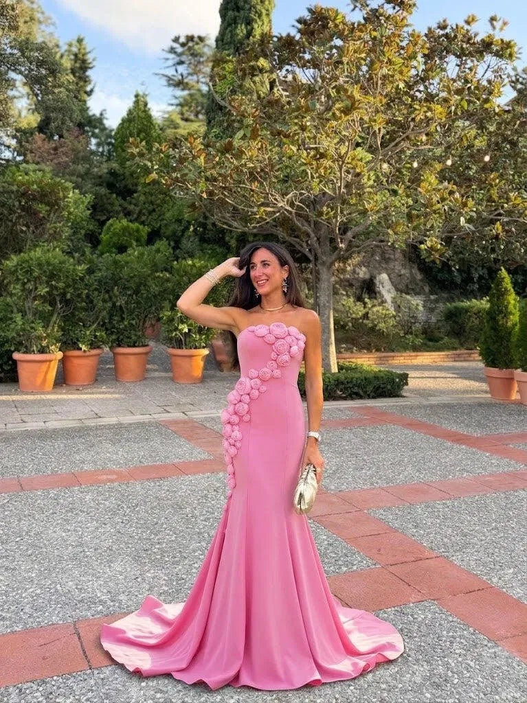Romantic Mermaid Straight Neck Strapless Crepe Floor Length Prom Dress