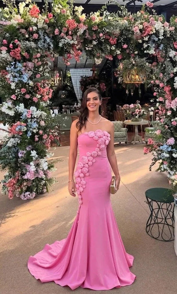 Romantic Mermaid Straight Neck Strapless Crepe Floor Length Prom Dress