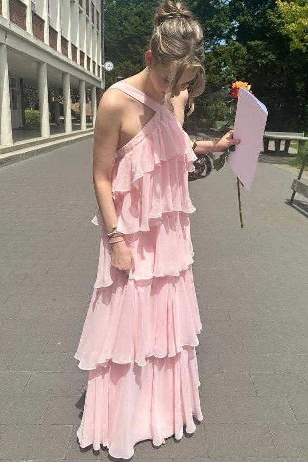 Loverlm pink chiffon one shoulder prom dress with tiered ruffle floor length skirt