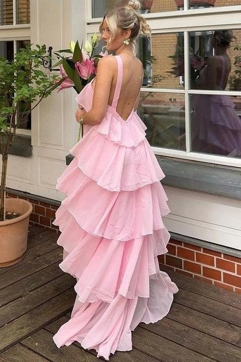 Romantic A-Line Chiffon One Shoulder Ruffle Low Back Floor Length Prom Dress