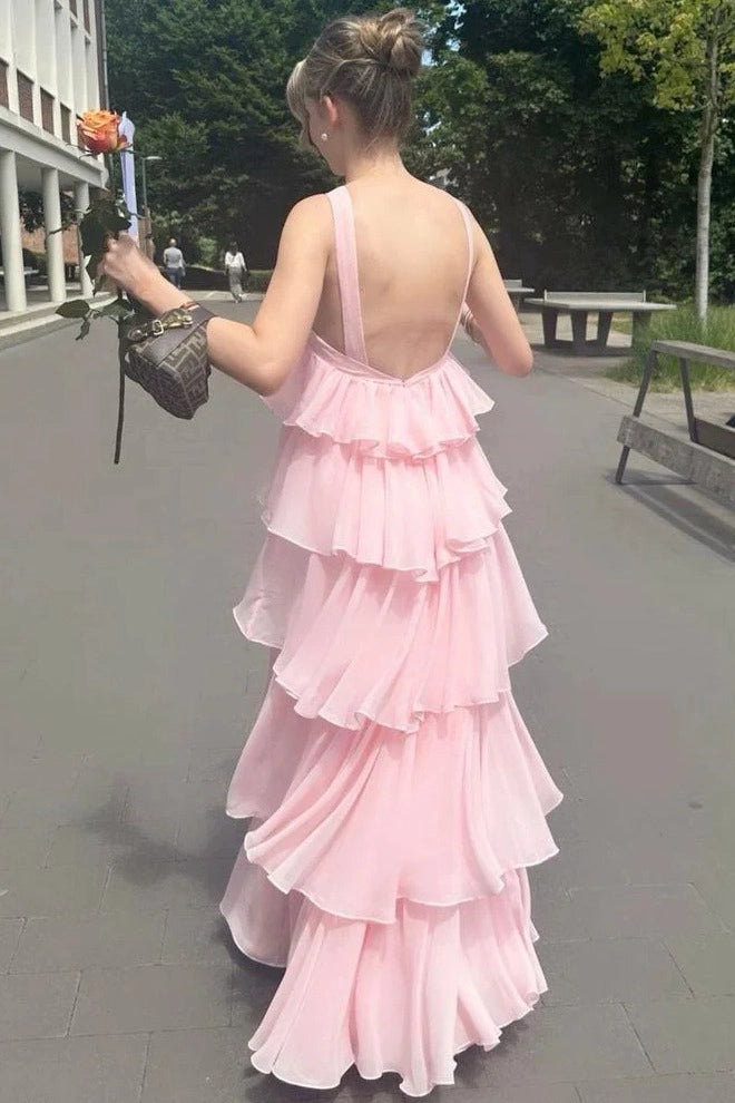 Romantic A-Line Chiffon One Shoulder Ruffle Low Back Floor Length Prom Dress