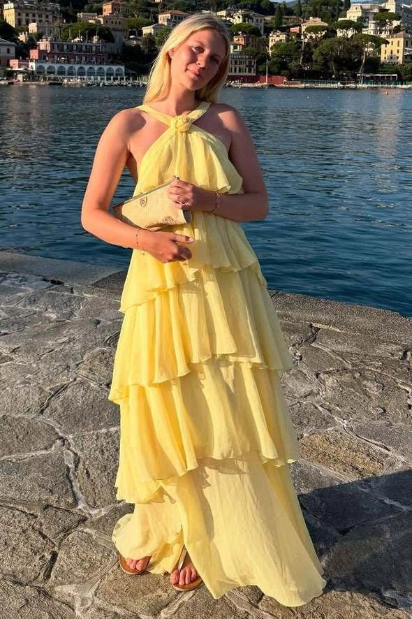 Romantic A-Line Chiffon One Shoulder Ruffle Low Back Floor Length Prom Dress
