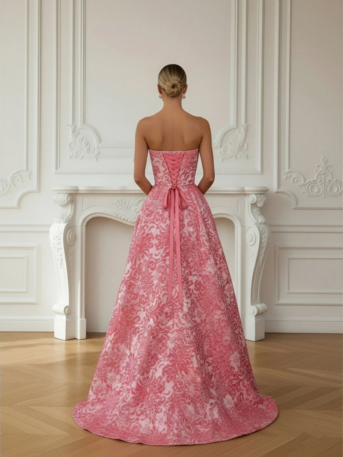 Elegant Brocade A-Line Strapless Sleeveless Lace-Up Slit Floor-Length Prom Dress