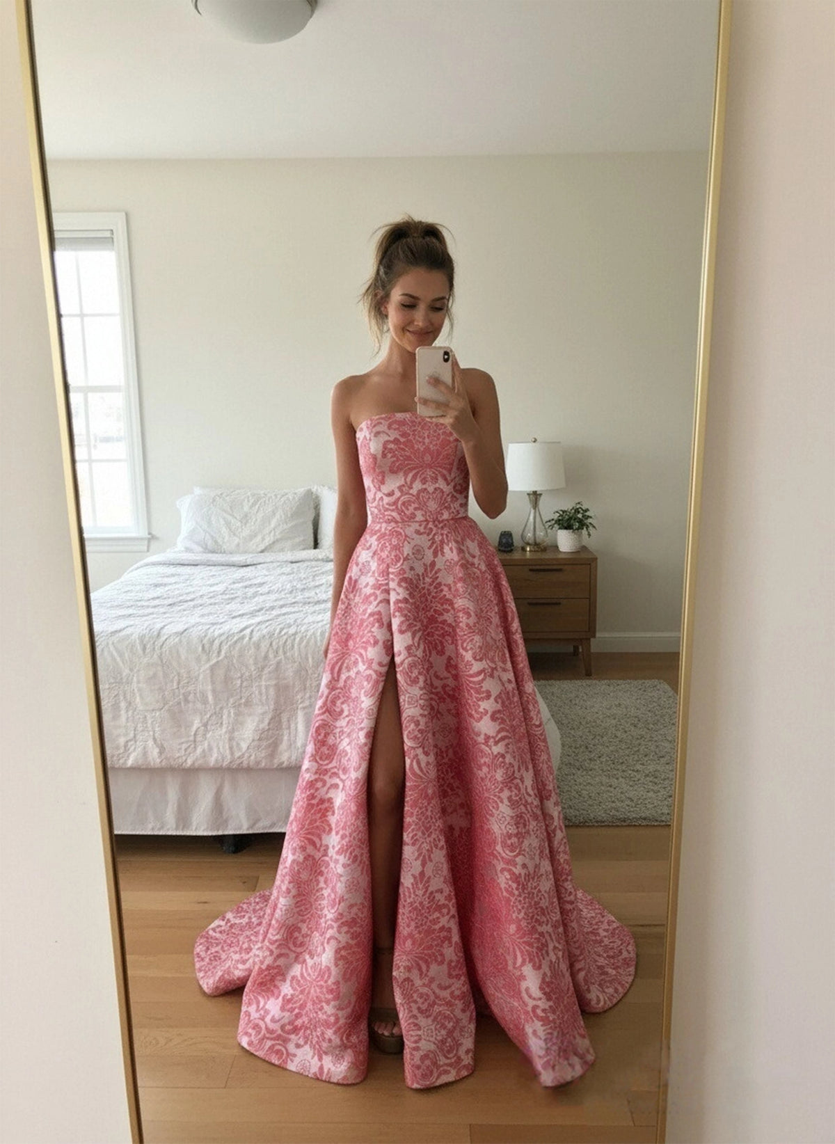 Elegant Brocade A-Line Strapless Sleeveless Lace-Up Slit Floor-Length Prom Dress