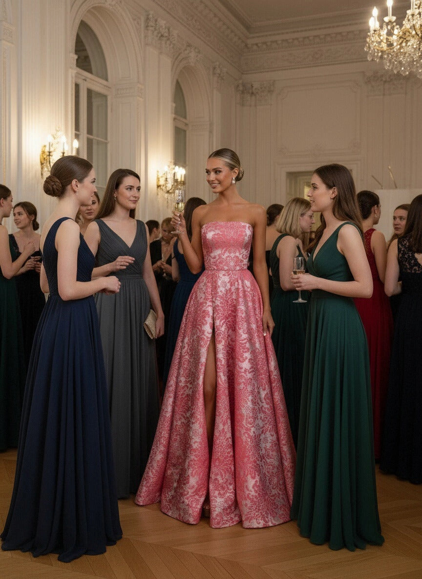Elegant Brocade A-Line Strapless Sleeveless Lace-Up Slit Floor-Length Prom Dress