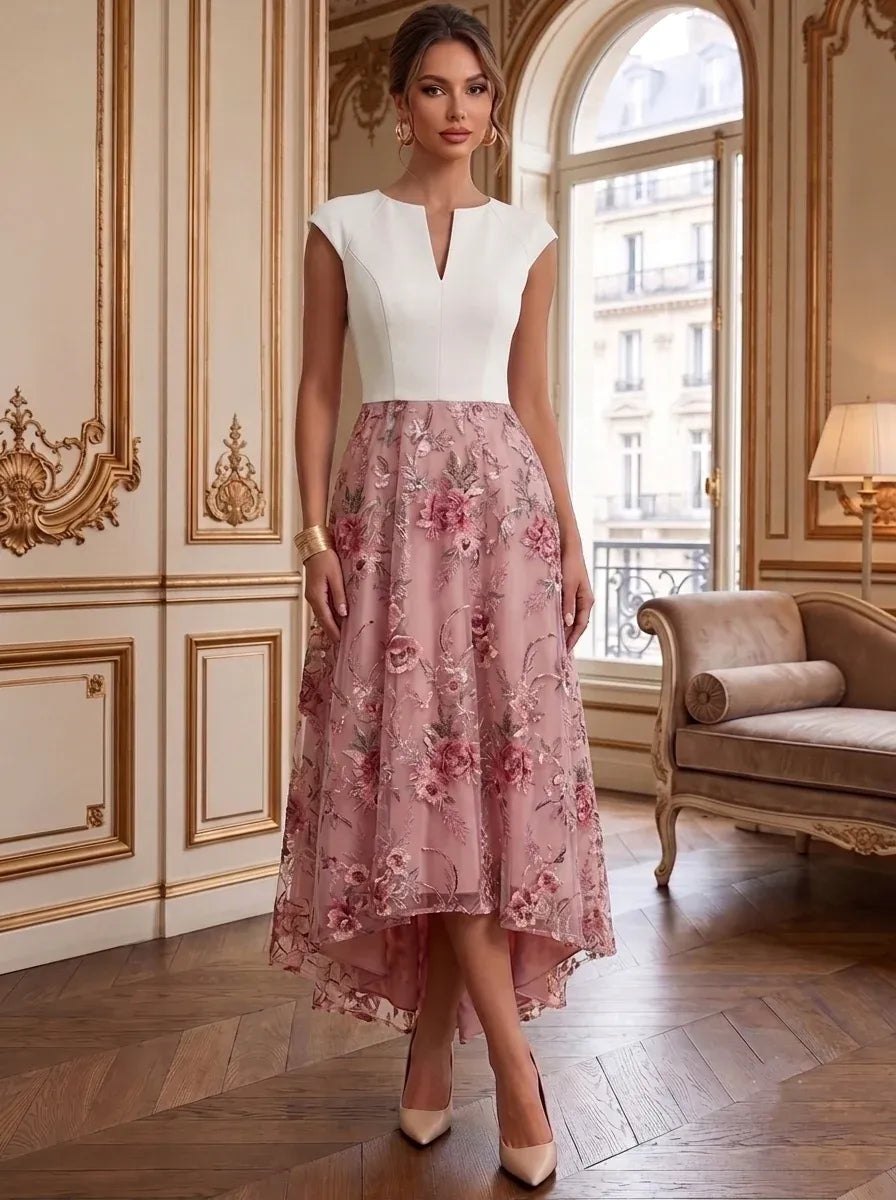 Elegant A-Line Notch Neck Cap Sleeve Zip Back High-Low Wedding Guest Dress