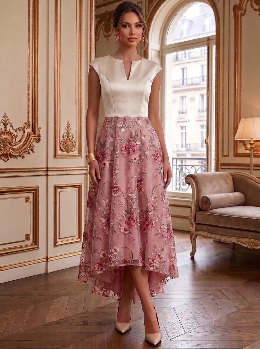 Elegant A-Line Notch Neck Cap Sleeve Zip Back High-Low Wedding Guest Dress