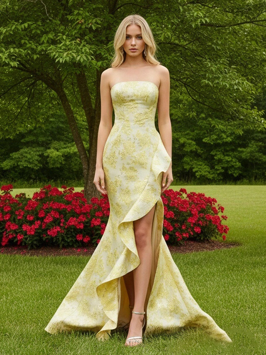 Romantic Sheath Straight-Neck Sleeveless Lace-Up Ruffle Floor-Length Prom Dress