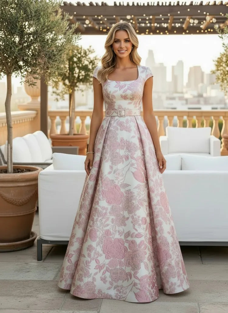 Loverlm ivory pink floral Mother of the Bride dress with square neckline cap sleeves belted waist and floor-length A-line skirt