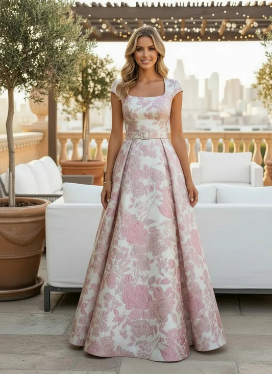 Loverlm ivory pink floral Mother of the Bride dress with square neckline cap sleeves belted waist and floor-length A-line skirt