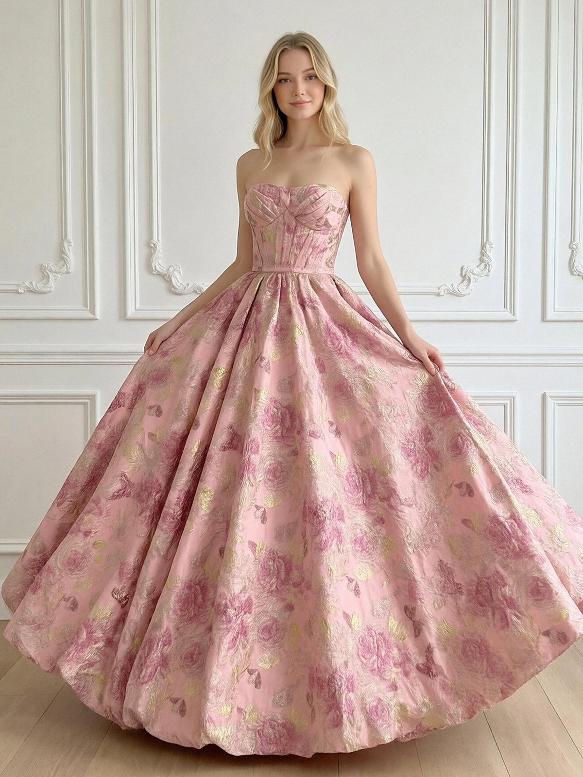 Pink floral jacquard strapless ball gown with sweetheart corset bodice front view

