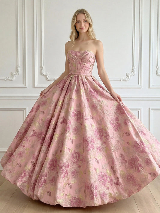 Pink floral jacquard strapless ball gown with sweetheart corset bodice front view
