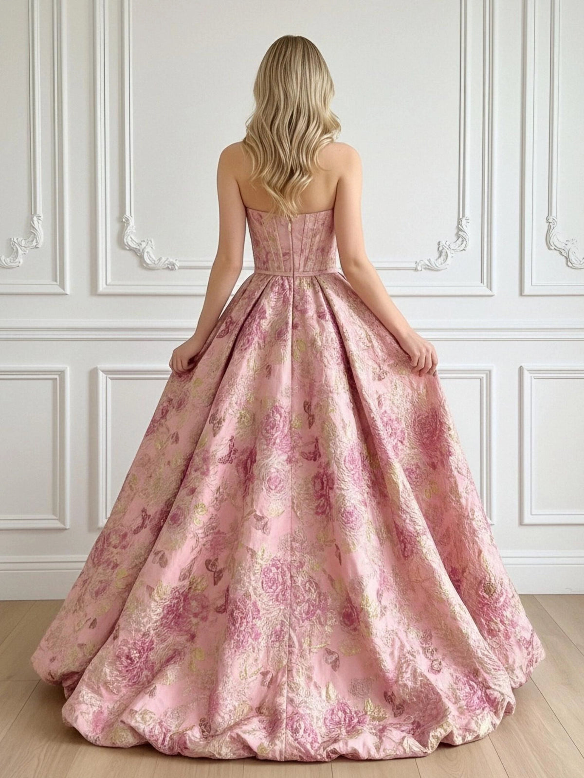 Romantic Pink Floral Jacquard Ball Gown Sweetheart Strapless Corset Zipper-Back Prom Dress