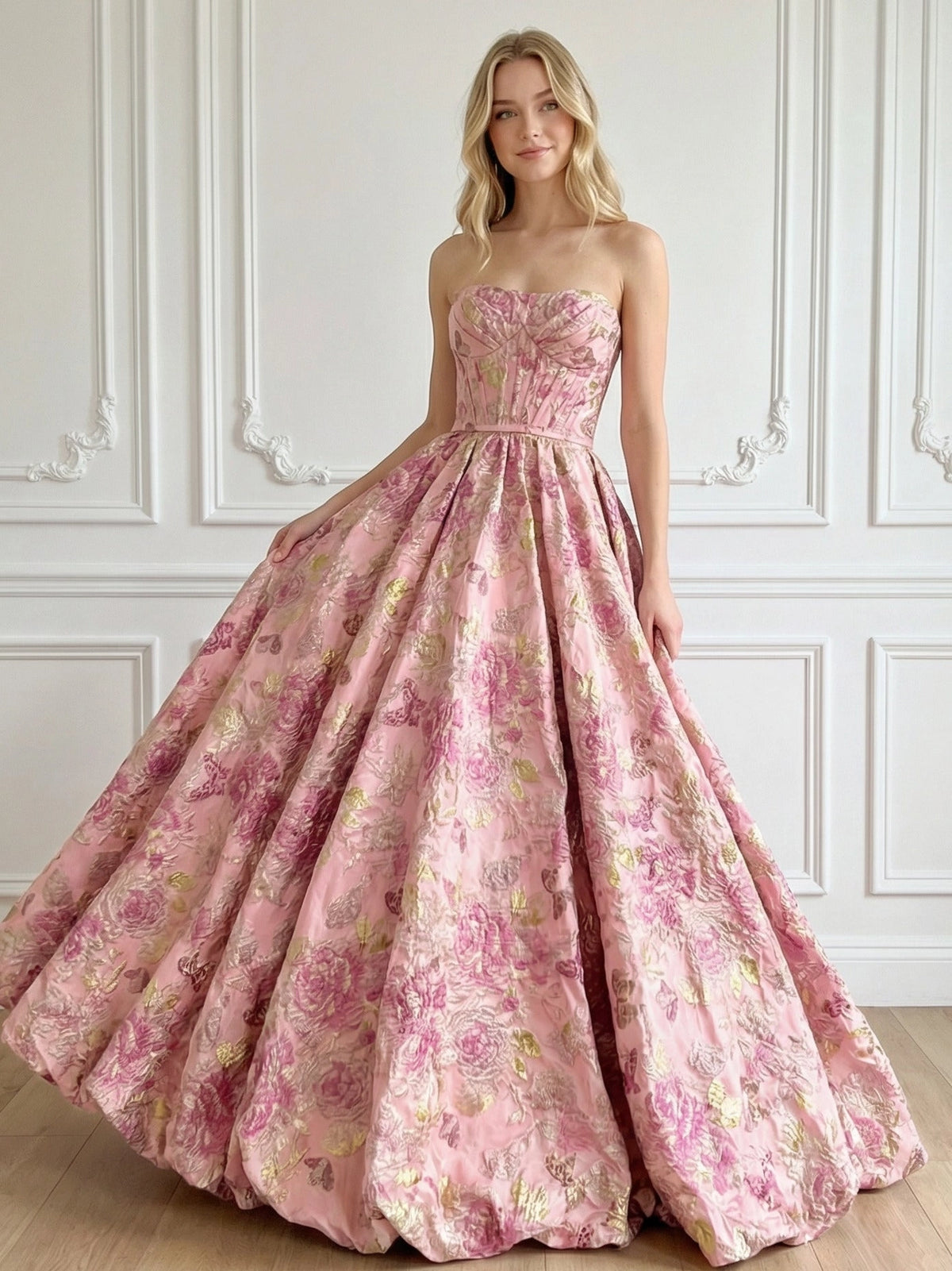 Romantic Pink Floral Jacquard Ball Gown Sweetheart Strapless Corset Zipper-Back Prom Dress