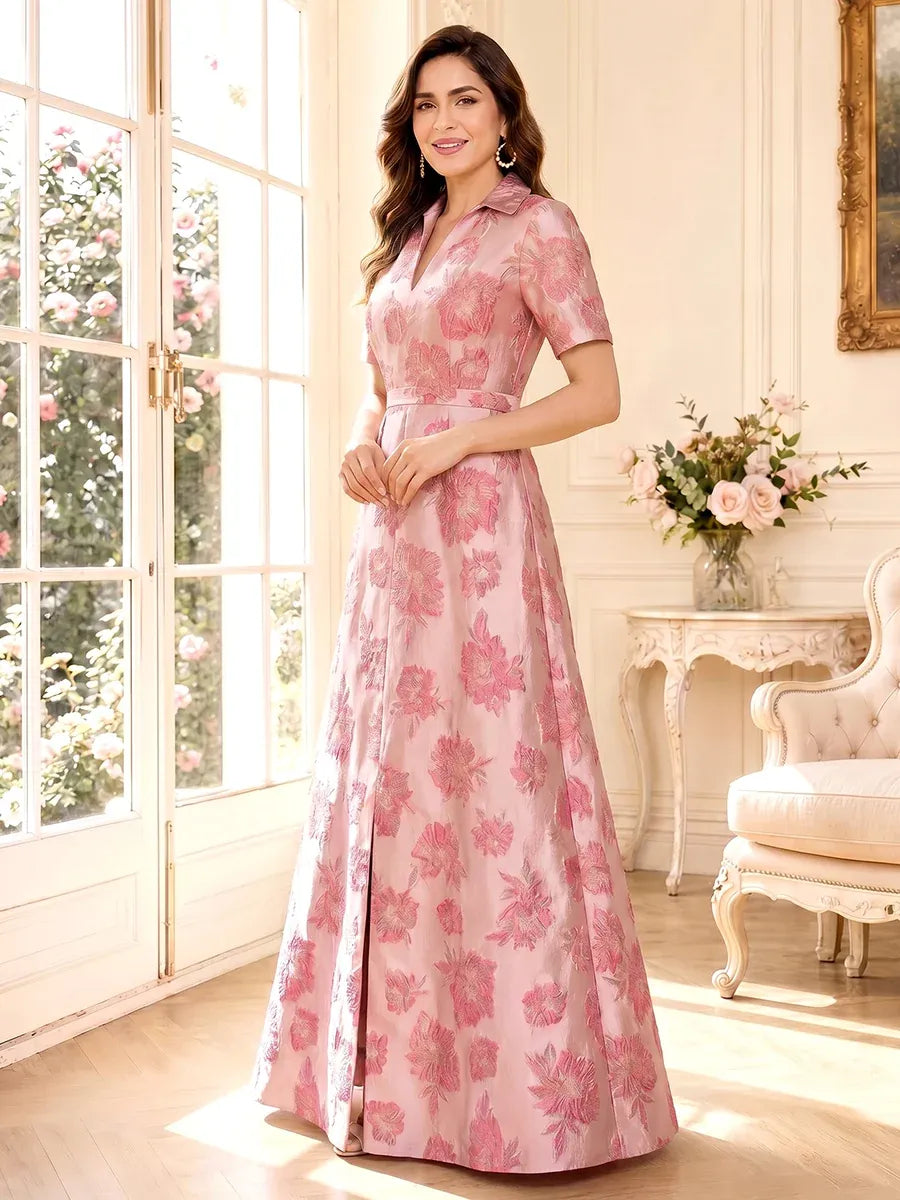Elegant A-Line V-Neck Short Sleeves Zipper Back Floral Mother of the Bride Dress