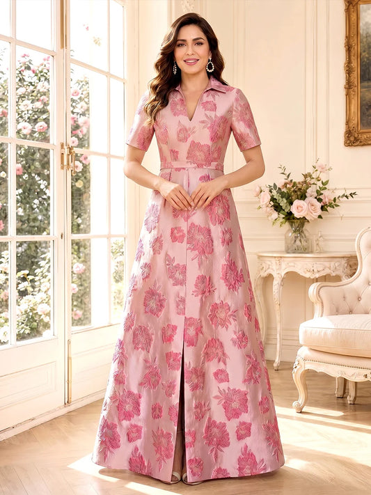 Elegant A-Line V-Neck Short Sleeves Zipper Back Floral Mother of the Bride Dress